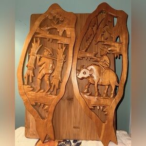 Set Of Vintage Hand Carved Wooden Wall Art Farming Scenes - Farmer Ox Folk Art